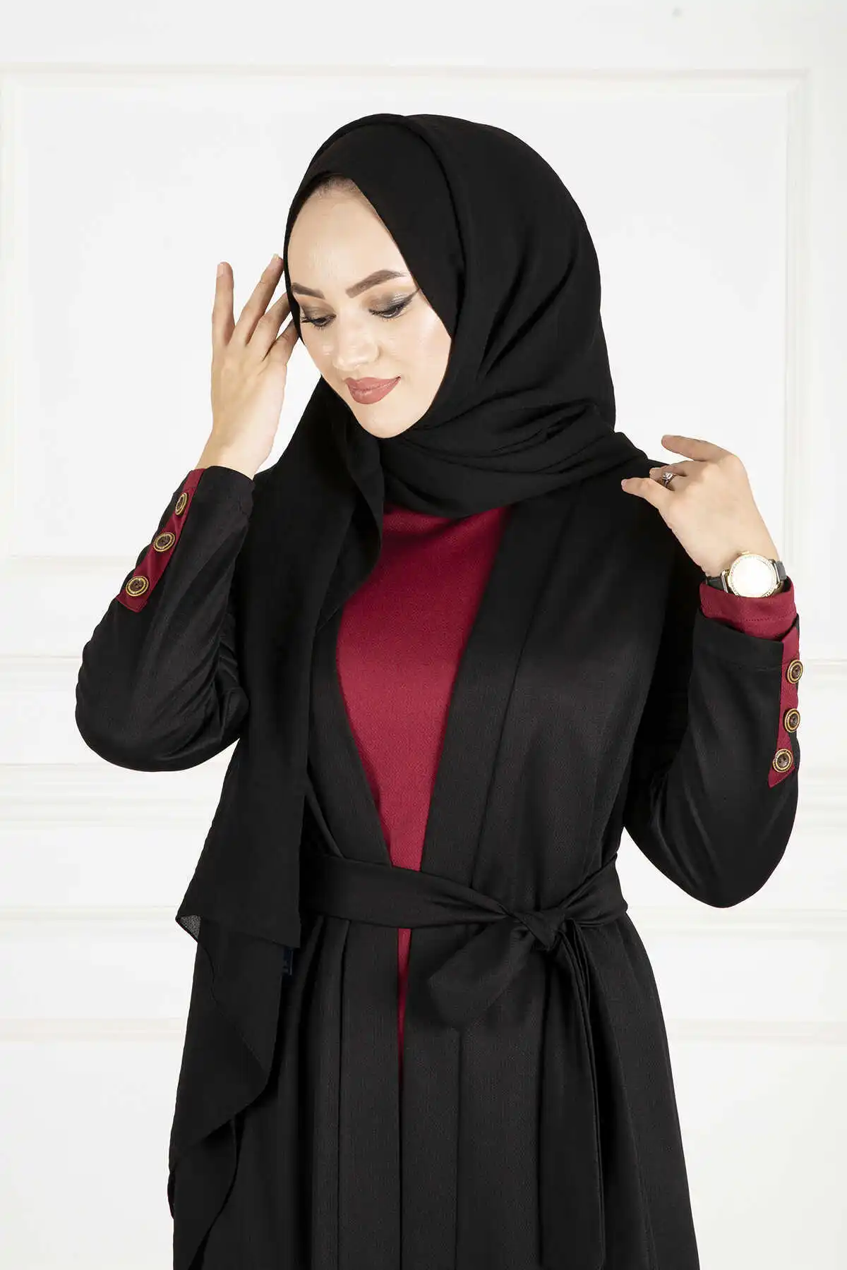 Cintura feminina com cinto conjunto de terno duplo muçulmano moda vestido muçulmano hijab vestido muçulmano üstleri terno feminino