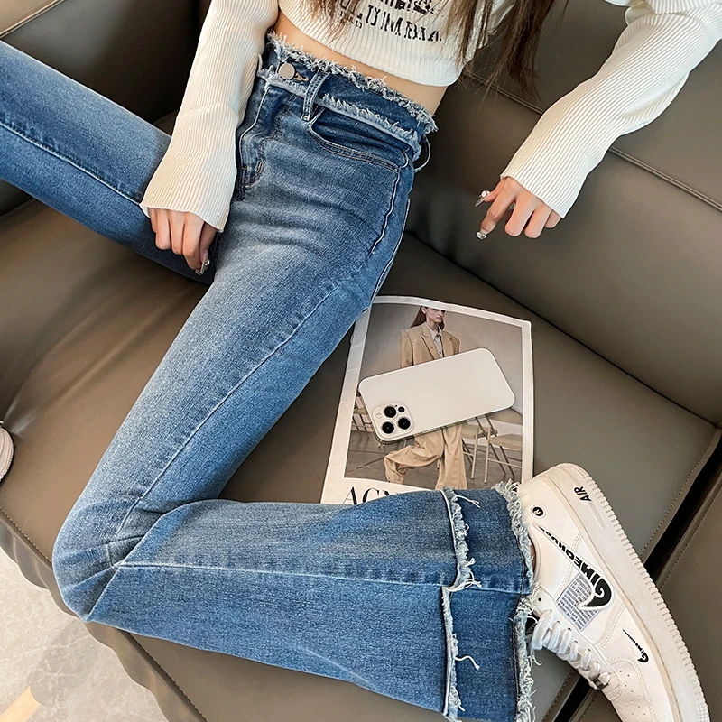 High Waist Women\'s Fashion Flared Jeans Spring New Designer Tassel Vintage Pants Female Clothing Stretch Slim Denim Trousers