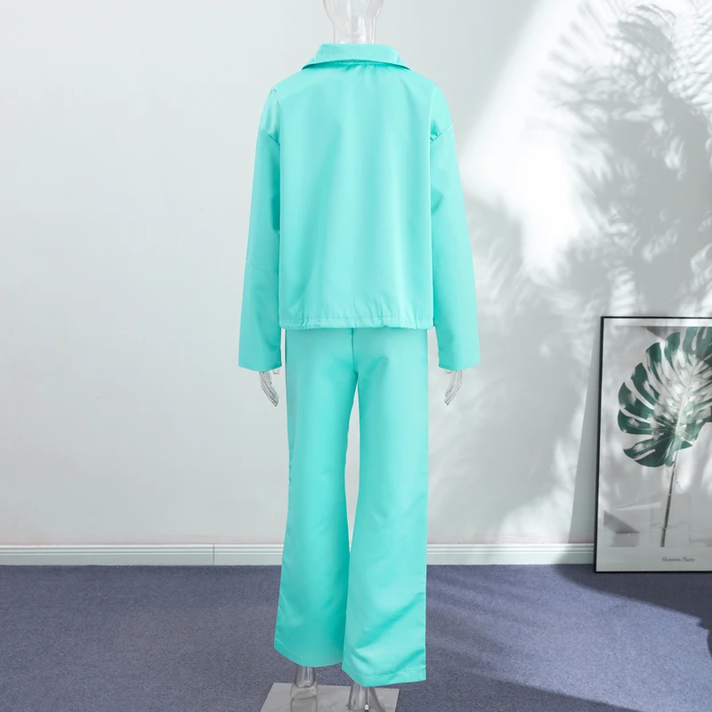 Glänzende Satin-Stehkragen-Mantel-Hosen-Sets für Damen, Streetwear, Langarm-Reißverschluss-Jacke, Weite Hosen, Schickes Damen-Outfit, Neu – Detail 5
