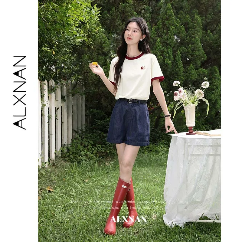 ALXNAN Lyocell Short Sleeve T-shirt Women New Summer Round Neck Tees 3D Floral Contrast Trim Detail Ladies Casual Top L66220