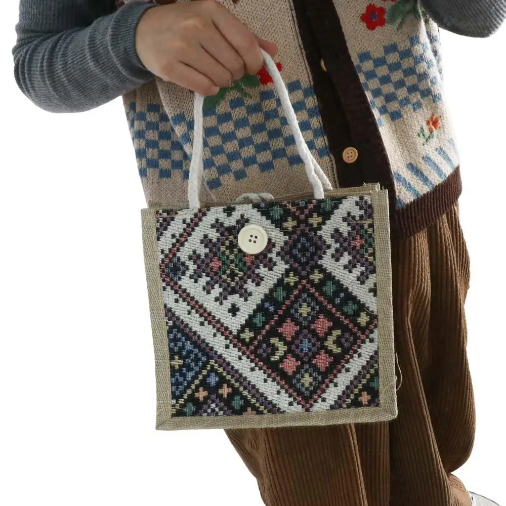 

Cute Embroidery Ethnic Style Canvas Bag Print Portable Linen Handbag Tote Bag Large Capacity Printing Cloth Lunch Bag Travel