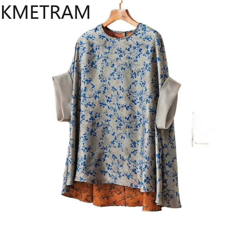 KMETRAM 100% Natural Mulberry Silk Women T Shirts 19MM Red Cloud Sha T Shirt Casual Loose Summer Tops for Woman Clothing 2026 반팔
