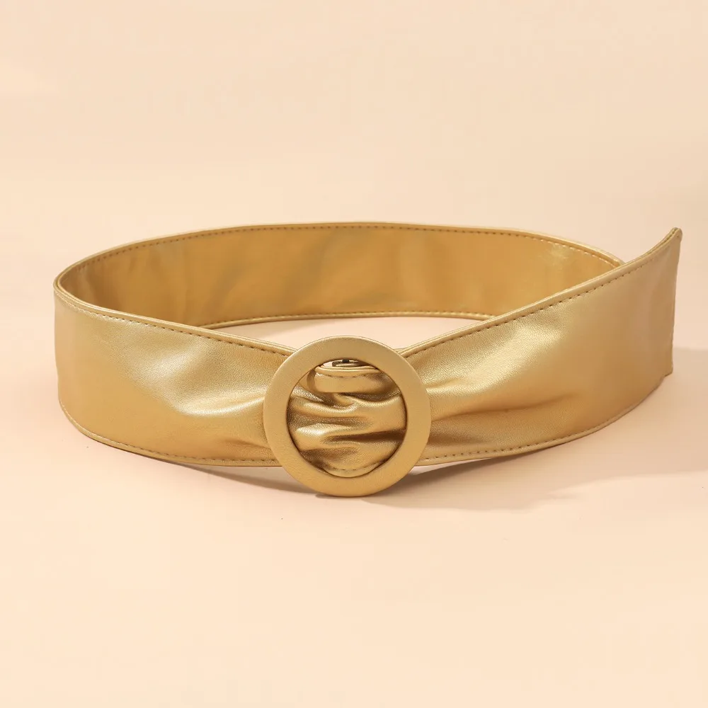 Adjustable Length Faux Leather Waist Belt Wide Soft Wide Waist Belt Self-Tie Closure Round Buckle Self-Tie Belt