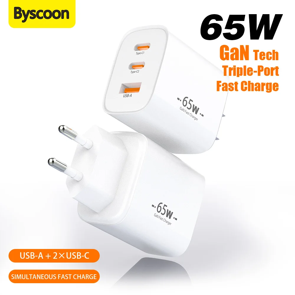 

Зарядное устройство GaN USB-C 65 Вт, 3 порта, PPS PD QC, быстрая зарядка Type-C 20 В для ноутбуков, Galaxy S24, iPhone 17, 16, 15, вилки EU/US