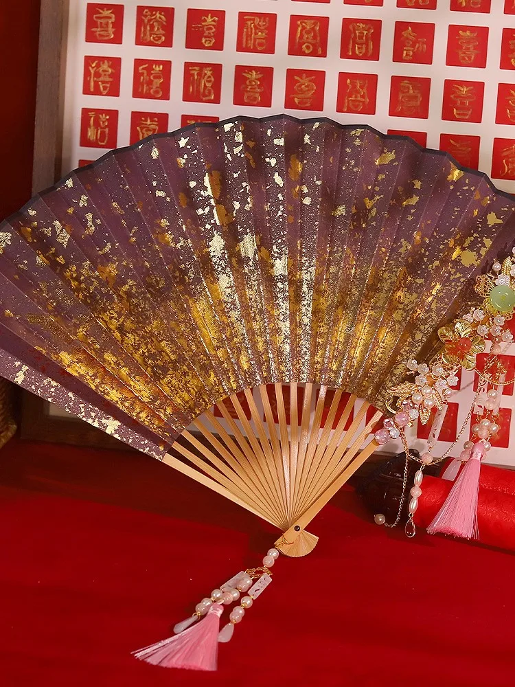 

9 inch Chinese fan Folding Retro style Men's and women's purple Classical sprinkled golden