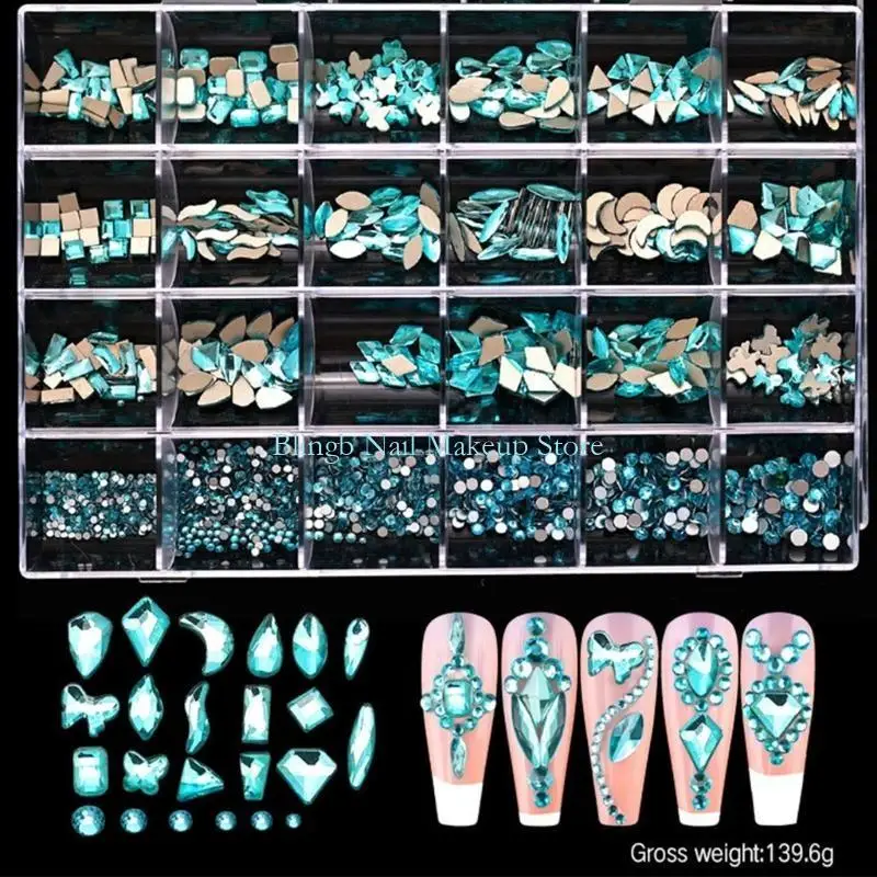 

28TA 24 Grids Mixed Art Rhinestones Flatback Nails Charms Glass AB Rhinestones