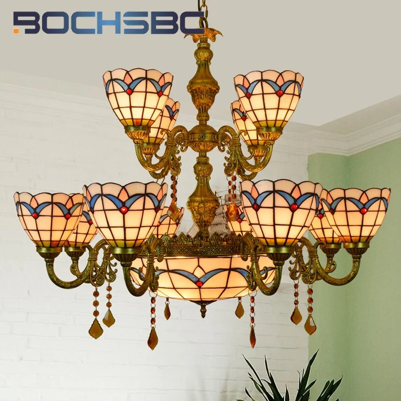 BOCHSBC Tiffany style stained glass Mediterranean Magnolia 12 double crystal Pendant lamp Hotel bar Living room Dining roomdecor