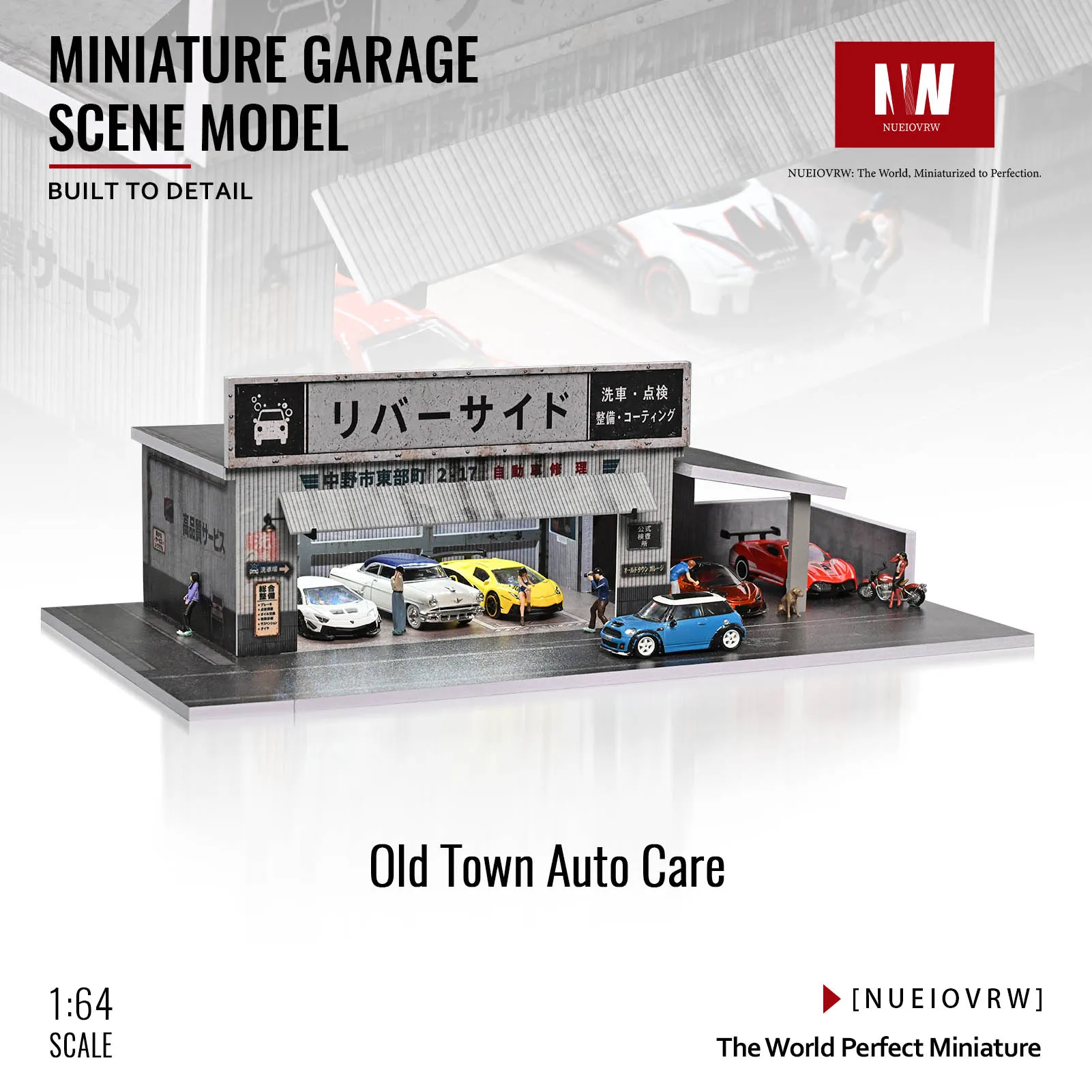 Diorama 1/64 Car Repair Workshop Building Model LED Street Sand Table Scene Japanese-style Garage Model Alloy Car Parking Display
