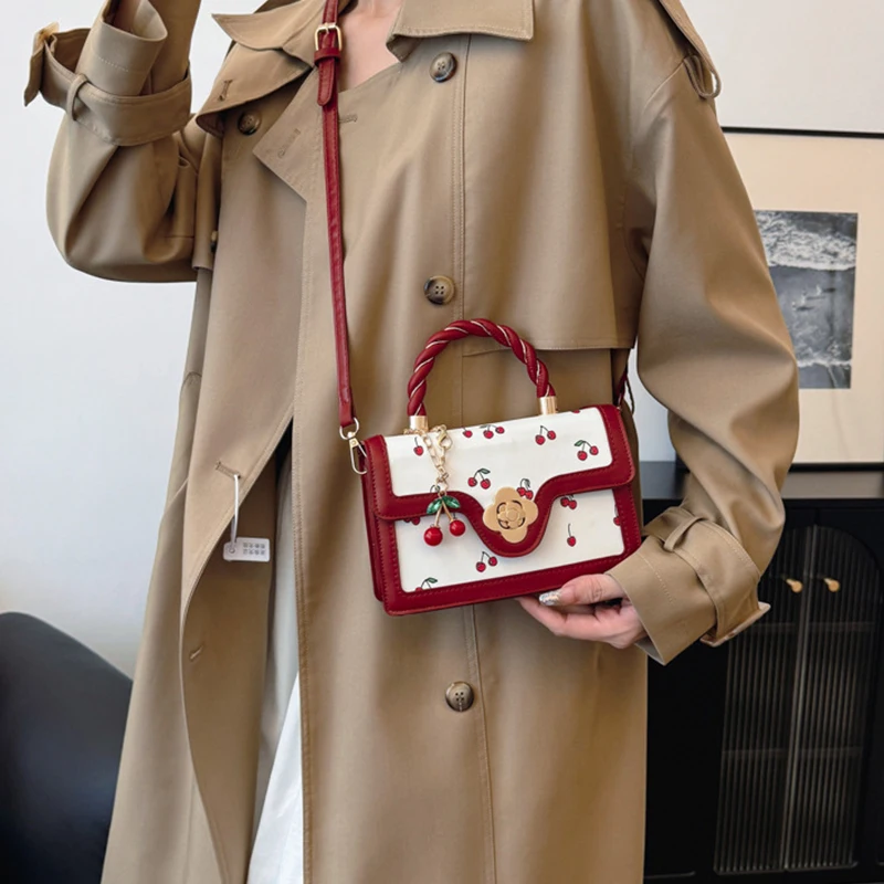 Sweet Crossbody Bag Fashion Cherry Print Top-Handle Ladies Luxury Square Shoulder Bag Women High Quality Sling Purse