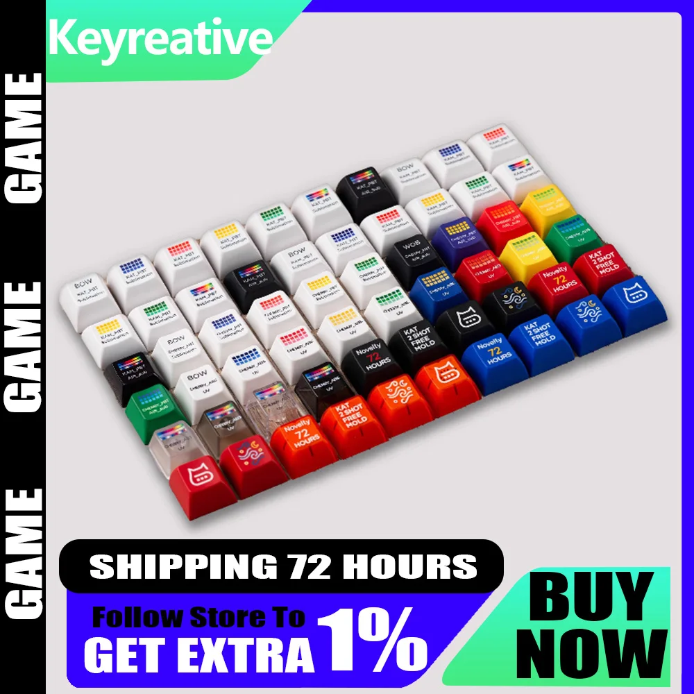 

Keyreative Personalized Keycaps Set PBT/Dye-Sub/Double-Shot UV Print 60Key Shine-Through Cherry Profile for Mechanical Keyboards