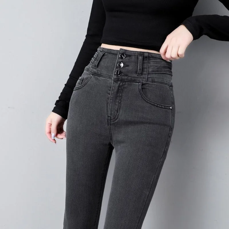 

Tall Person Blue-gray Jeans Women's High-waisted Spring Autumn Three-breasted Stretch Tight Slimming Pencil Skinny Pants Fashion