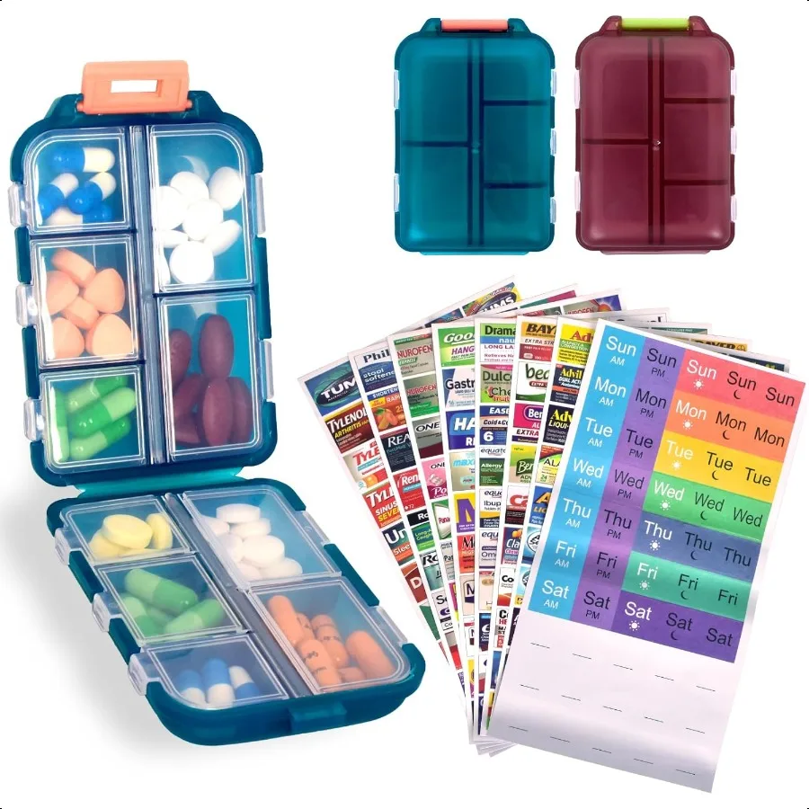 

2 Pcs Travel Pill Organizer with Labels Portable Travel Medicine Daily Pill Container Organizer 7 Day Pill Case Storage Vitamin