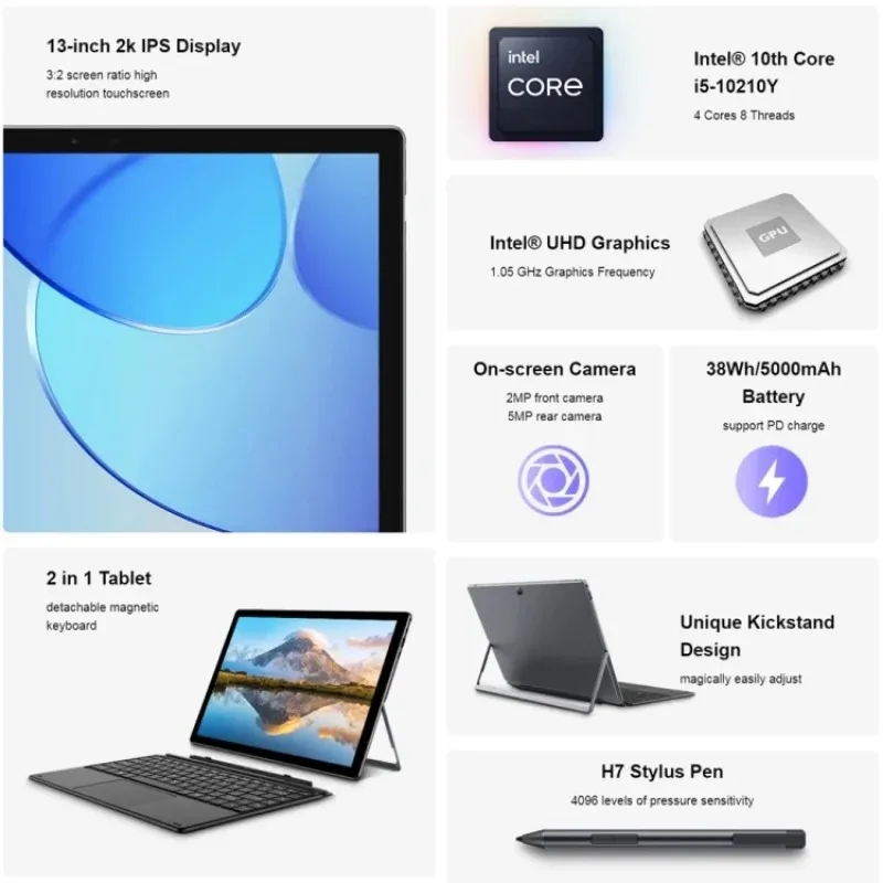 كمبيوتر لوحي UBook XPro 2023، 13 بوصة، 8 جيجابايت + 512 جيجابايت، وحدة معالجة مركزية رباعية النواة Windows 11 Core i5-10210Y، بدون لوحة مفاتيح وقلم