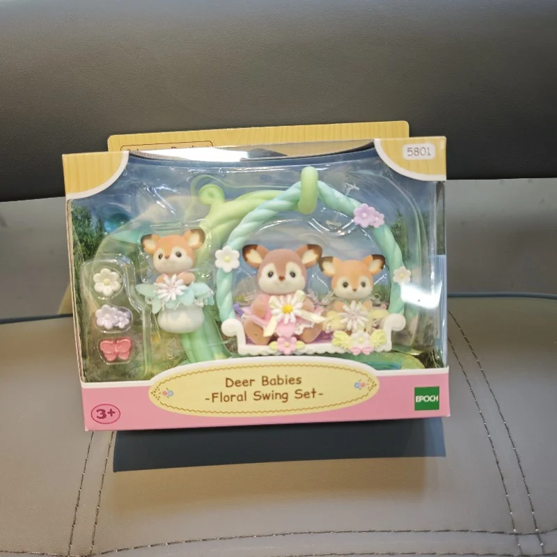 Sylvanian Families Calico Critters Mädchen Kinderspielzeug Miniatur Anime Figur Puppe Kinderspielzeug Geschenk Hirschbabys Blumenschaukelset