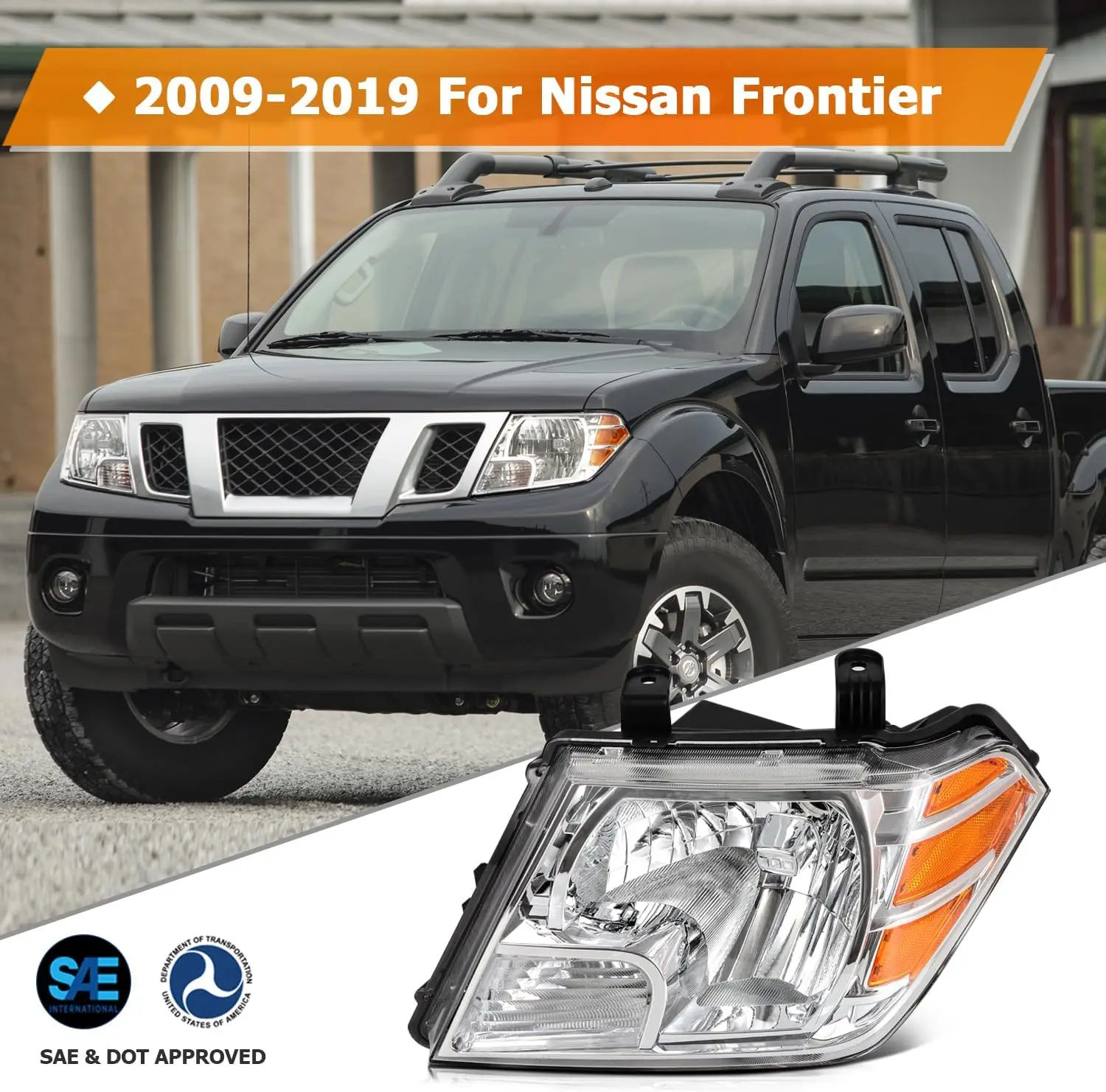Headlight Assembly Compatible with 2009-2019 Nissan Frontier, Black Housing Amber Reflector Clear Lens, Driver and Passenger Sid