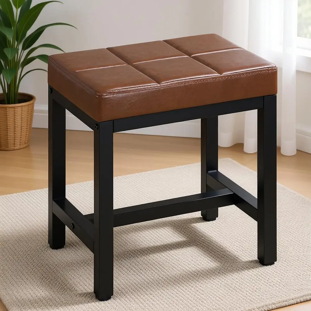 

Кожаный пуф-табурет с металлическими ножками: идеально подходит для косметических кабинетов, спален, гостиных, коричневый