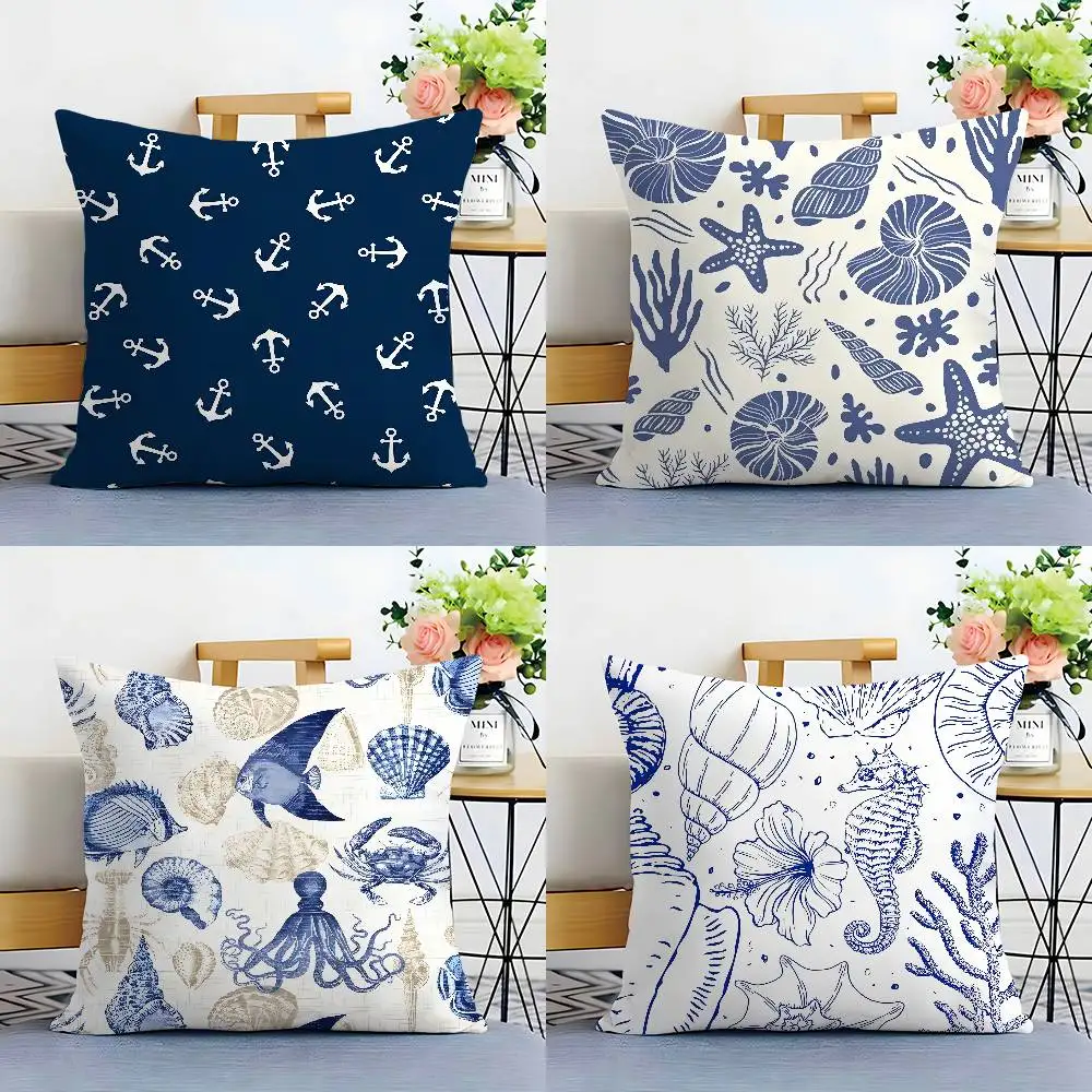 Blue Nautical Anchor Pattern Double-sided Printed pillow cover Short plush Suitable living rooms bedrooms throw cushion cover