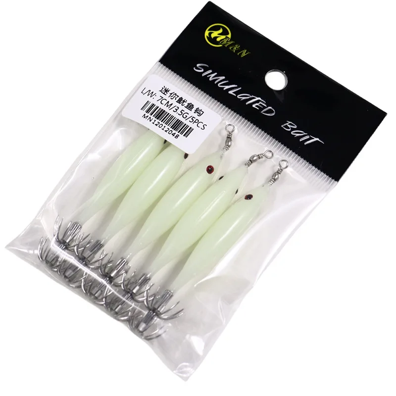 5 Pcs Fishhook Squid Fishing Hooks Blowtorch Octopus Hook Octopus Cuttlefish Squid Essence Strong Luminous Simulated Shrimp 3.5G