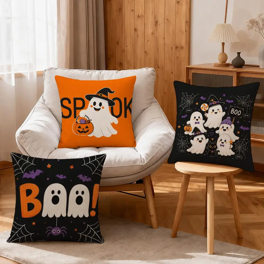 Art Cute Cartoon Halloween Ghost Pattern Cushion Cover Linen Anti-Mite Antibacterial Cushion Cover Invisible Zipper Sofa Decor
