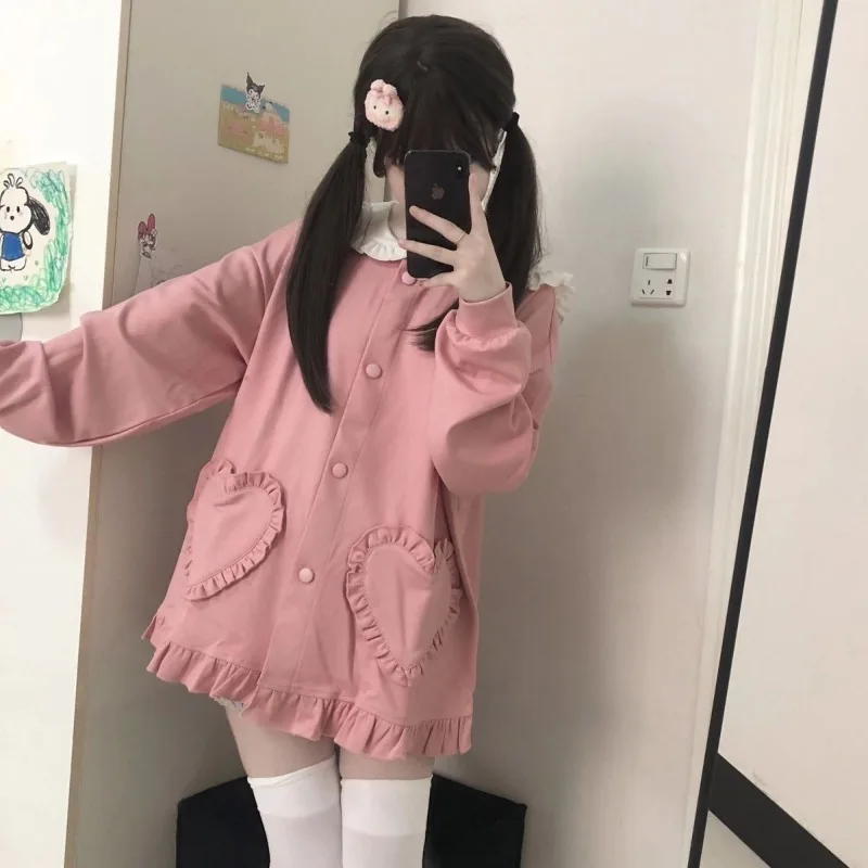 Spring New Rabbit Ear Sailor Collar Sweet Pink Women\'s Jacket Loose Full Style Daily Jacket Cute Lolita Jacket