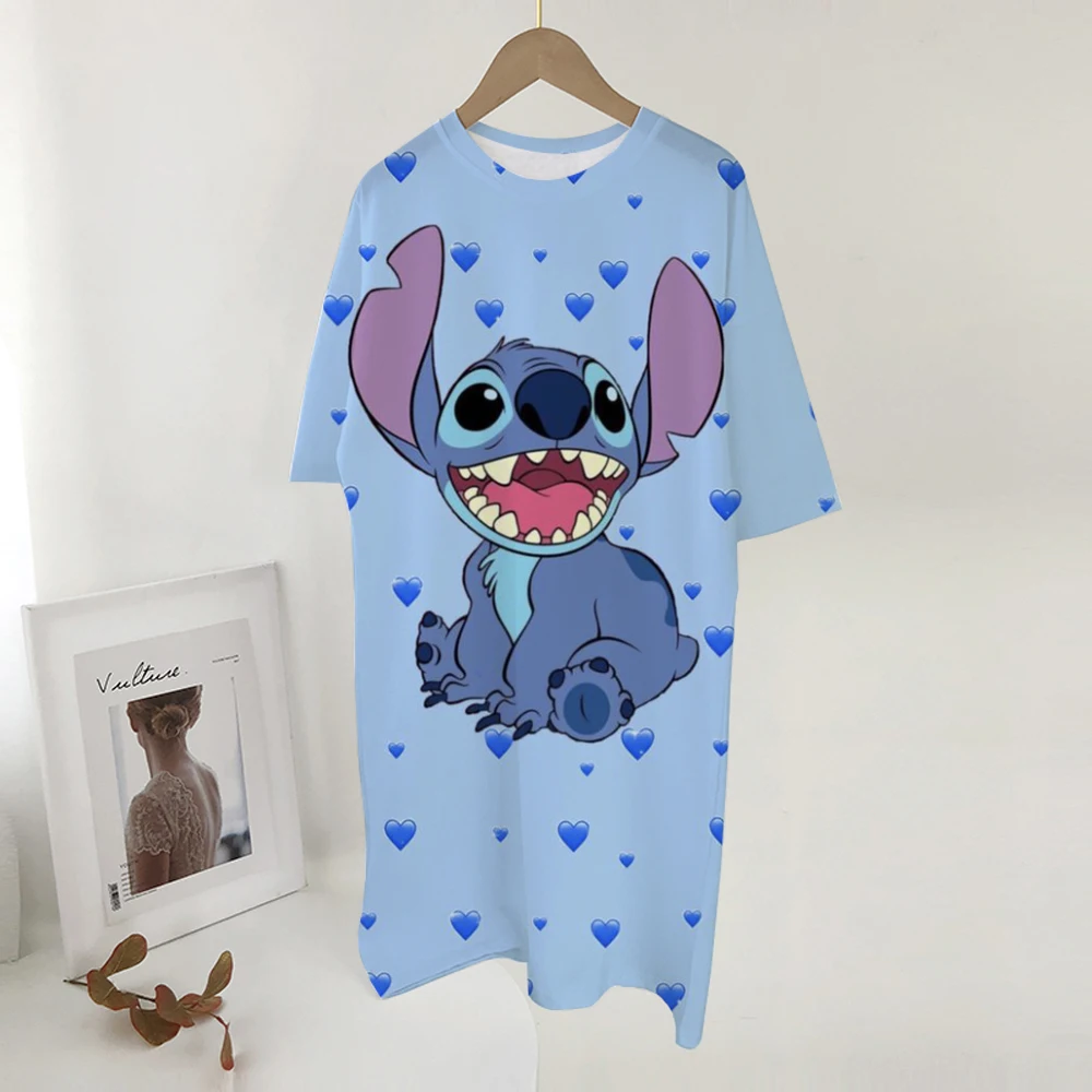 ディズニーステッチプリントドレス女性かわいい漫画半袖 O ネック Tシャツドレスファッション睡眠スカート毎日の基本的なドレッシング