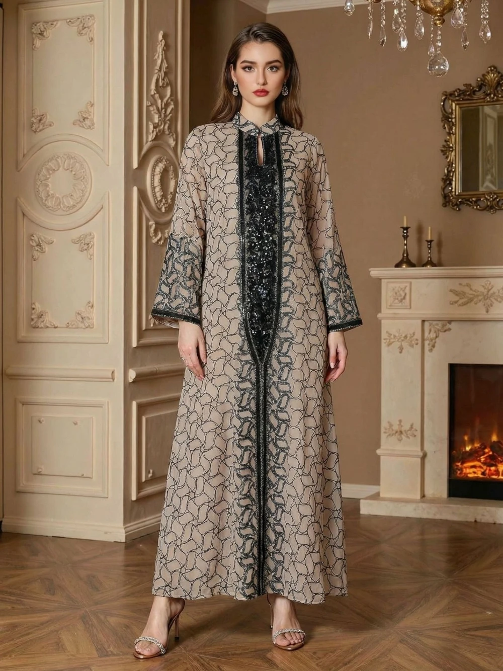 Ramadan Festival Muslim Abaya Black Sequins Evening Dress Geometric Pattern Full Sleeve Elegant Dubai Party Kaftan Loose Gown