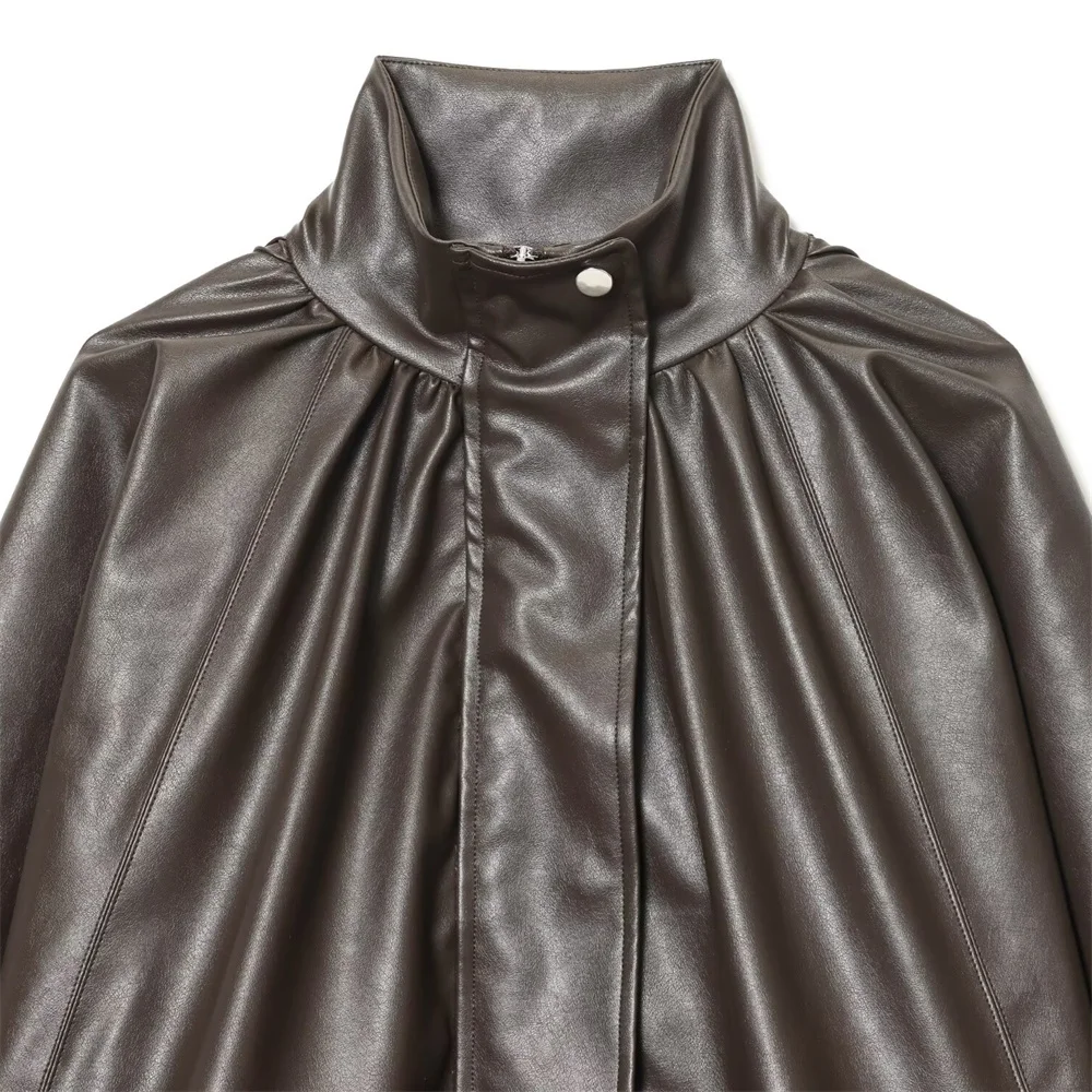 Осенний новый продукт, женская модная дизайнерская куртка с высоким воротом и длинными рукавами, пышная свободная кожаная куртка-пилот с эффектом пальто