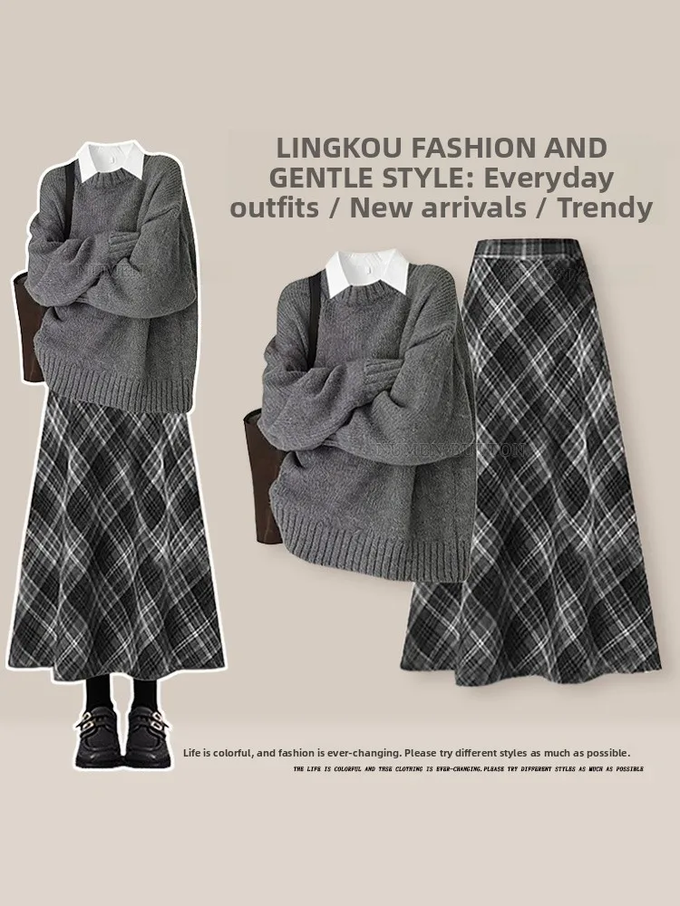 

Ladies Autumn Winter Lazy Style Knitted Sweater Bottoming Shirt And Plaid Skirt Three-Piece Set plus Size Fashionable Casual ...