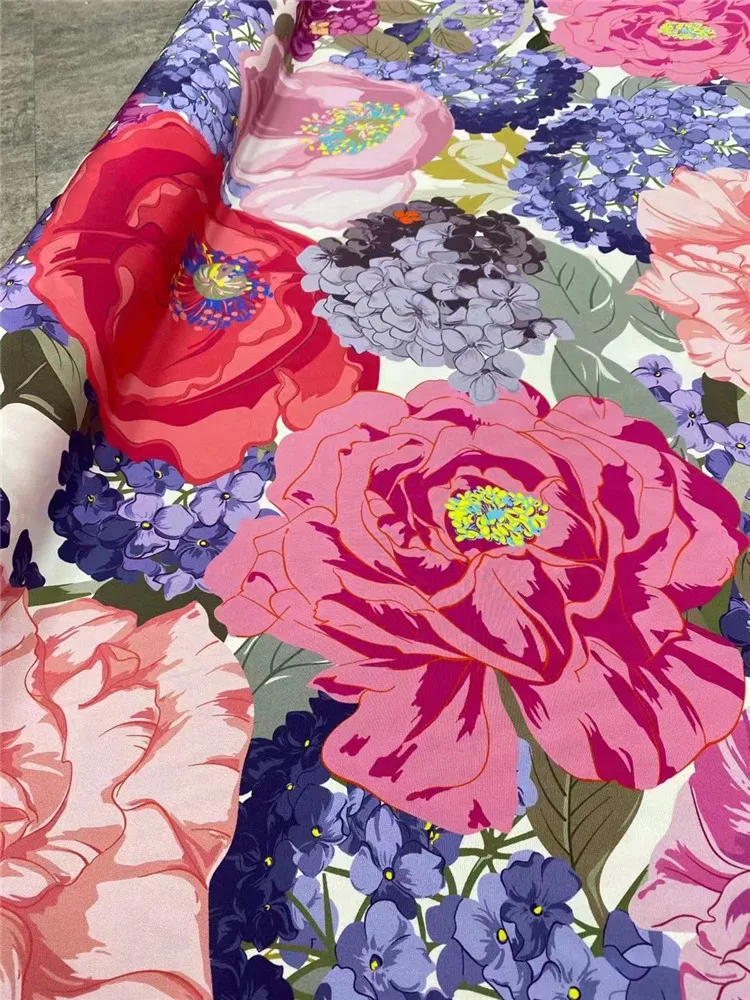 Fashion Hydrangea Rose Big Flower Prints 95% mulberry Silk Fabric 5% Elasticity Woman Girl Dress Tissu Textile DIY Cloth Heavy