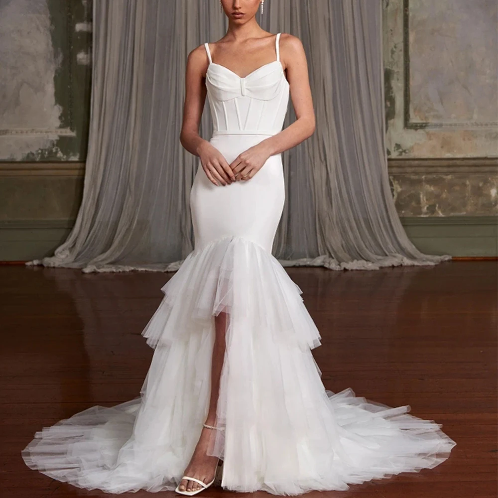 

Charming Mermaid Wedding Dress Front Short and Back Long Jersey and Tulle Tiered Sweep Train Bridal Spaghetti Straps Sleeveless