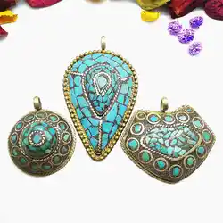Nepal Vintage Hand Jewelry Brass Inlaid Turquoise Golden Big Pendants TBP200