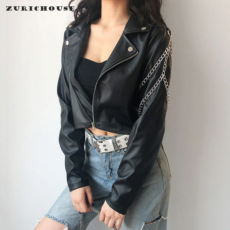 ZURICHOUSE Punk Leather Jacket Women Spring 2024 Streetwear Personality Chain Design Long Sleeve Faux Leather Cropped Jacket