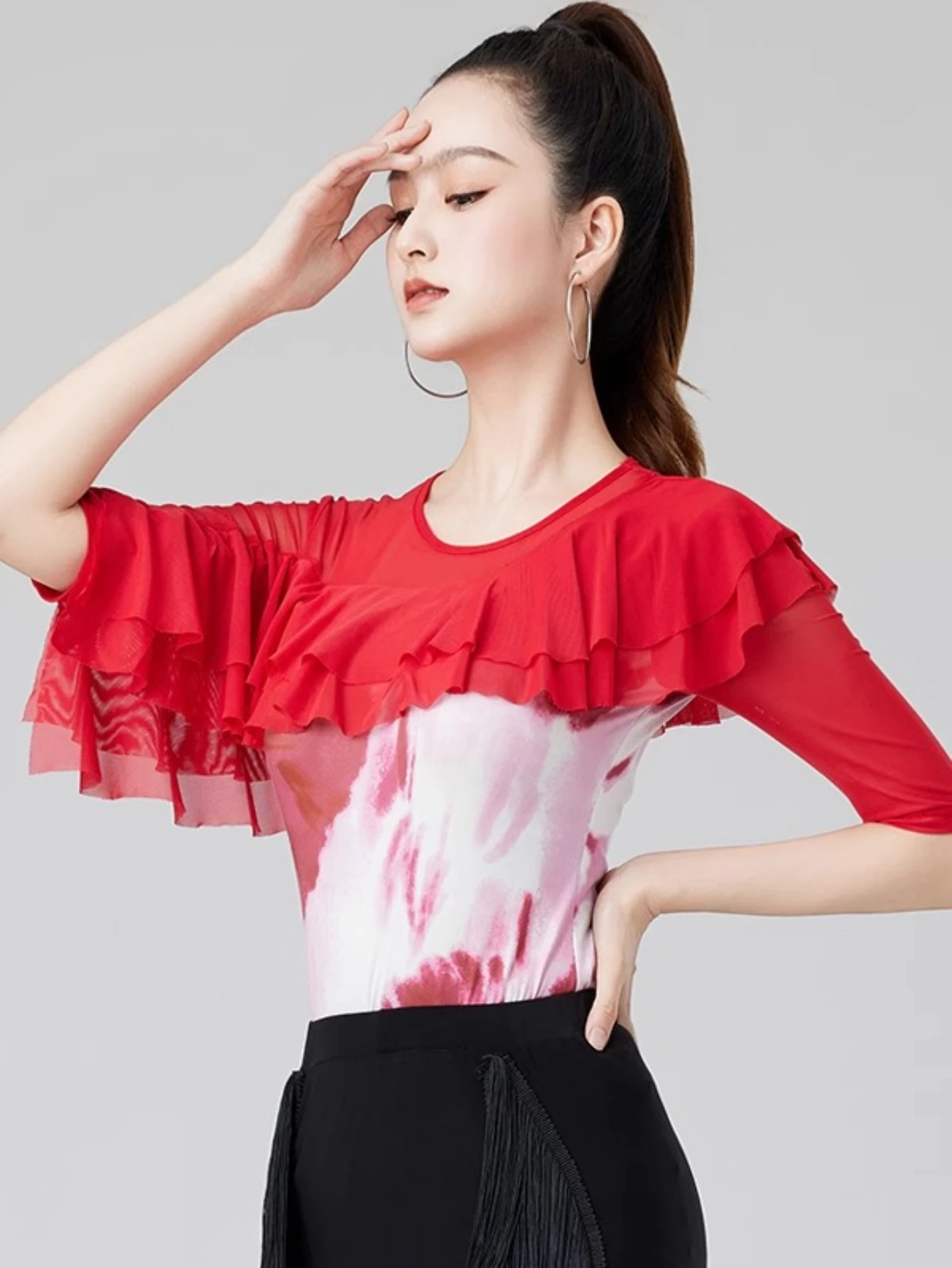 Party Dresses Samba Red Tops Half-sleeved Elegant Ruffle Women Modern Dance Clothes Bodysuit Ballroom Latin Dance Leotard Tops