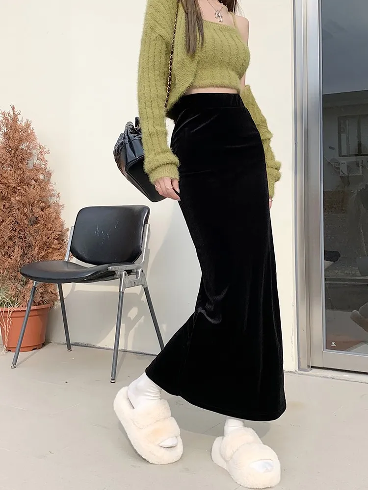 SML Fish Tail Velvet Skirt Women Mermaid Trumpet Long Skirts Ankle Length Empire High Waist Skinny Bodycon Skirt Female(77100