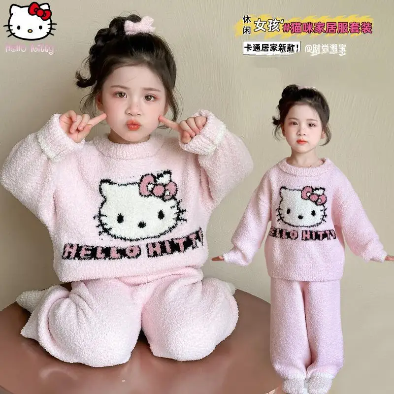 الخريف الشتاء الفتيات Kawaii هريرة الدافئة محبوك منامة مجموعة أنيمي النسخة الكورية الجديدة سميكة ملابس المنزل موضة قطعتين مجموعة