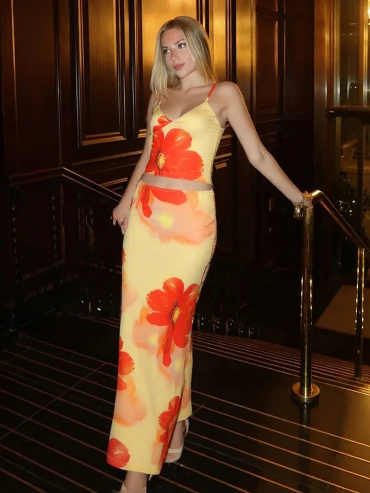 

CPSYM комплект из 2 предметов с принтом тай-дай, женский летний комплект Y2K, модный хипстерский элегантный топ с v-образным вырезом + макси-юбки, одинаковая уличная одежда