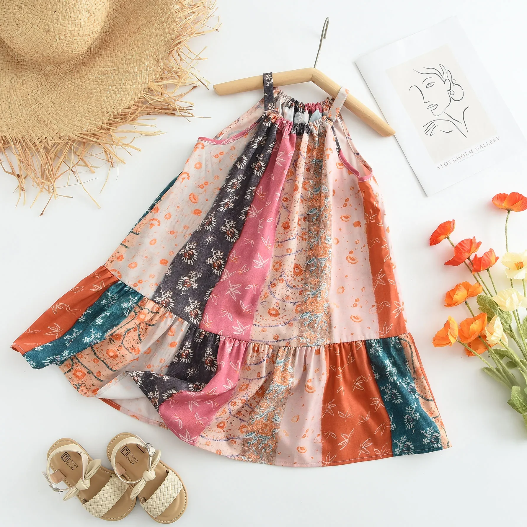 Girls Casual Dresses Floral Print Halter Sleeveless Top Girls Dress Kids Clothes for 2 To 7 Years Chinese Traditional Dress