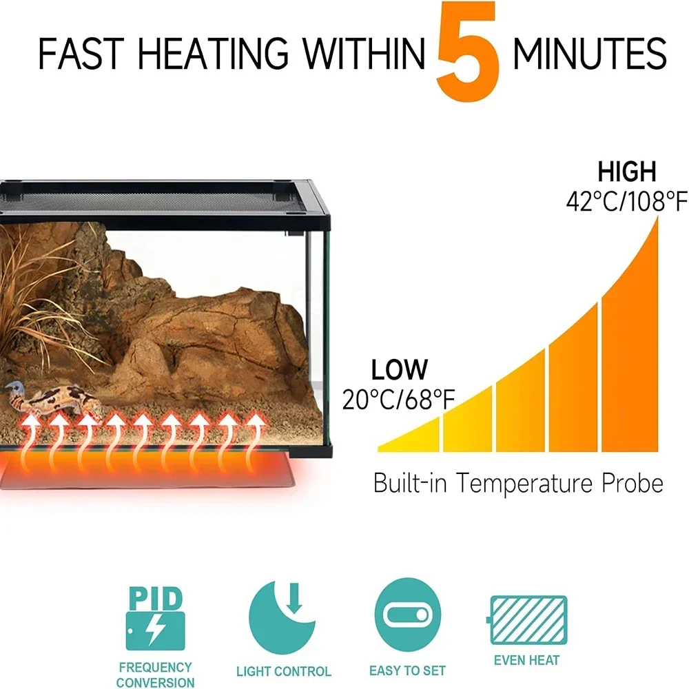 Waterproof Reptile Heating Pad with Temperature Control Lizards Heat Mat for Terrarium under Tank Heater Combo Warming Supplies