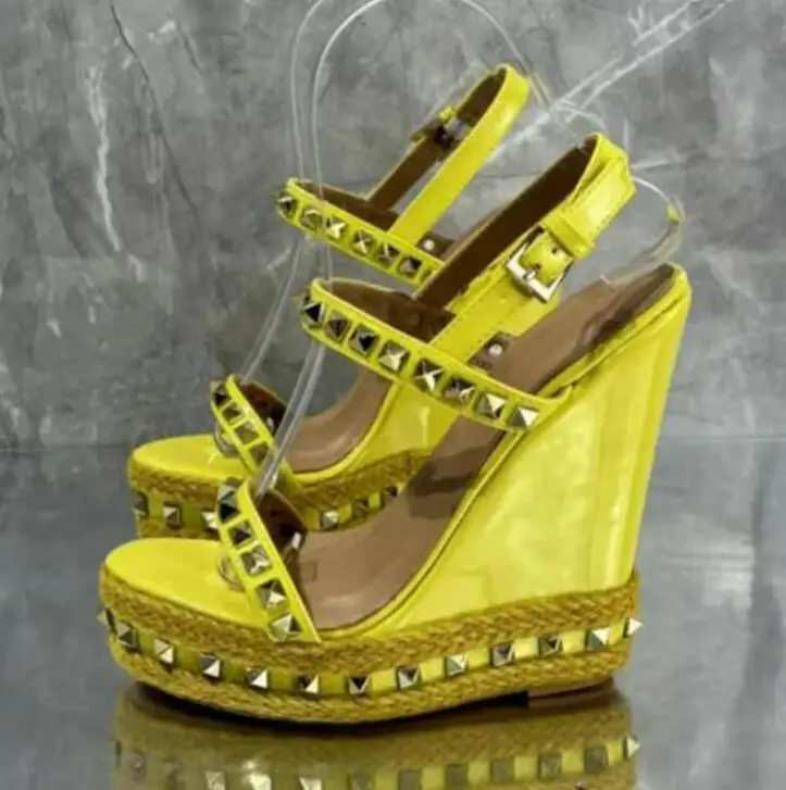 

Summer Girls Yellow Black Nude Gold Sliver Rivets Studded Wedges Sandals Women One Line Buckle Ankle Strap High Heel Shoes Lady