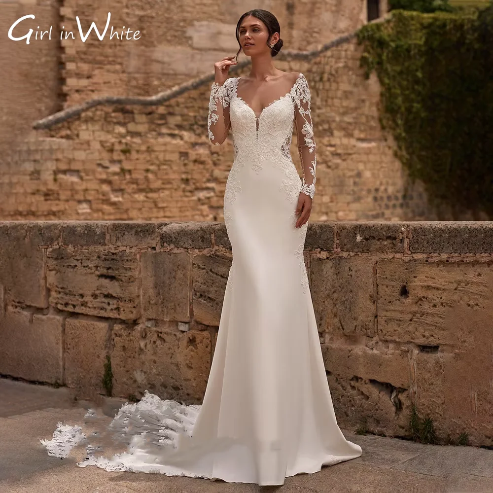

Elegant Wedding Dresses for Bride Square Collar Full Sleeves Appliques Lace Court Train customized Bridal Gowns Vestido De Noiva