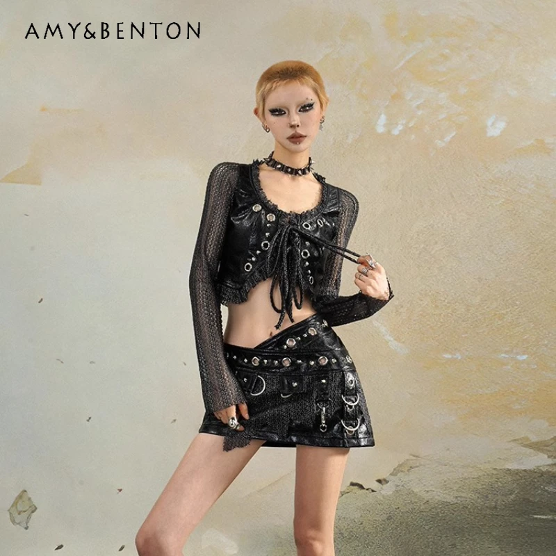 

European American Sweet Cool Irregular Women's Leather Short Skirt Goth Black Three-dimensional Heavy Industry Skirts Ladies