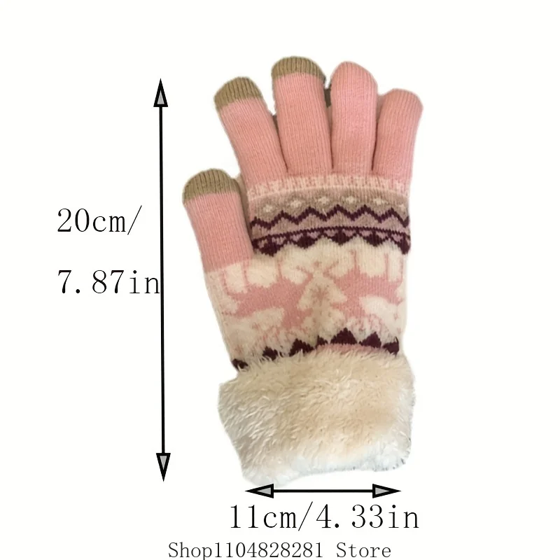 2025 Christmas Reindeer Jacquard Knit Gloves Plush Cuff Thick Warm Gloves Autumn Winter Soft Coldproof Touchscreen Gloves