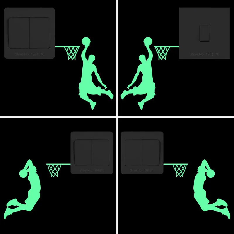 Pegatinas luminosas de jugador de baloncesto Dunk, decoración de interruptor de pared para dormitorio de niño, puerta de baño, nevera, portátil, ventana de coche, calcomanía deportiva