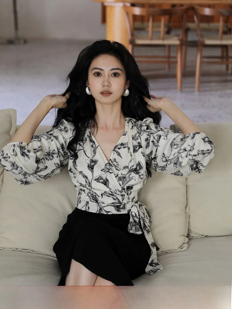 

TAIYANG Летний женский шифоновый топ с поясом и принтом V-Ne irt, свободный крой, фонарь Sve Long Sve, полиэфирное волокно