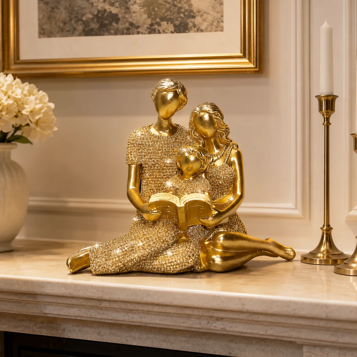 Resin Art Table Top - Gold Family Reading Resin Figurine, Family