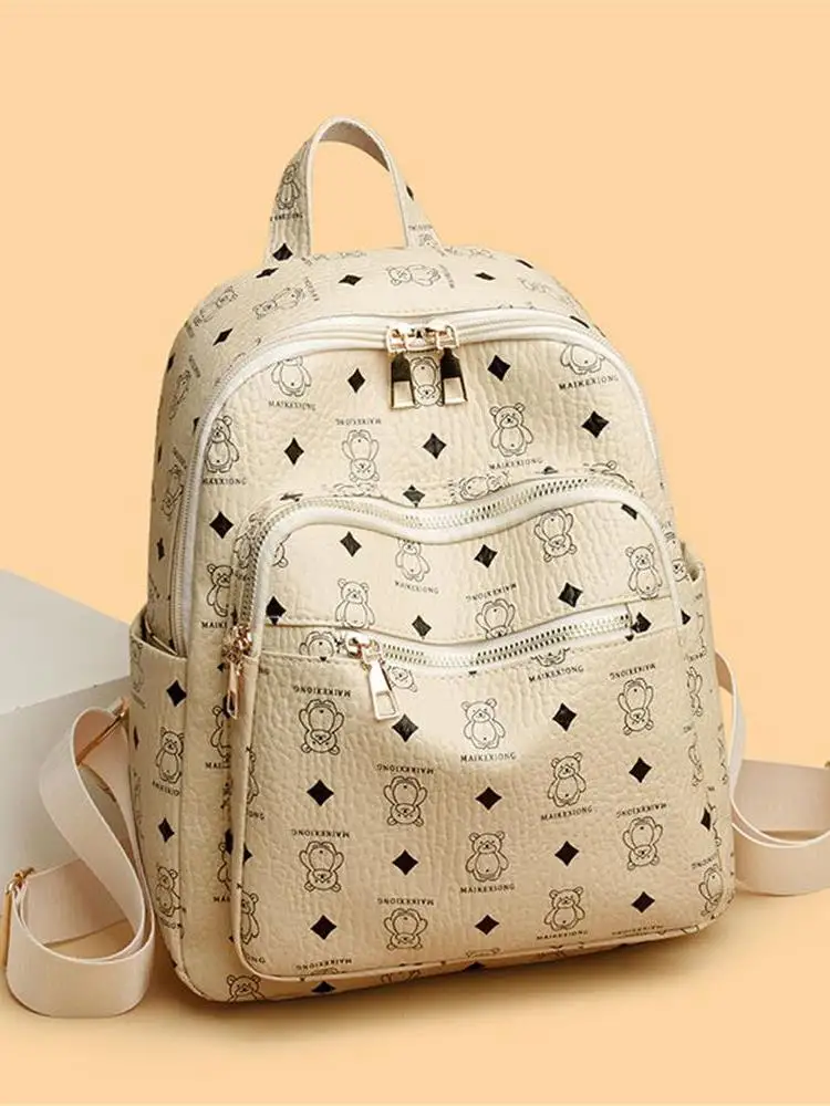 Genuine Leather Ladies Bear Backpack Soft Leather Casual Travel Bag INS Fashionable Youth Backpack for College Students