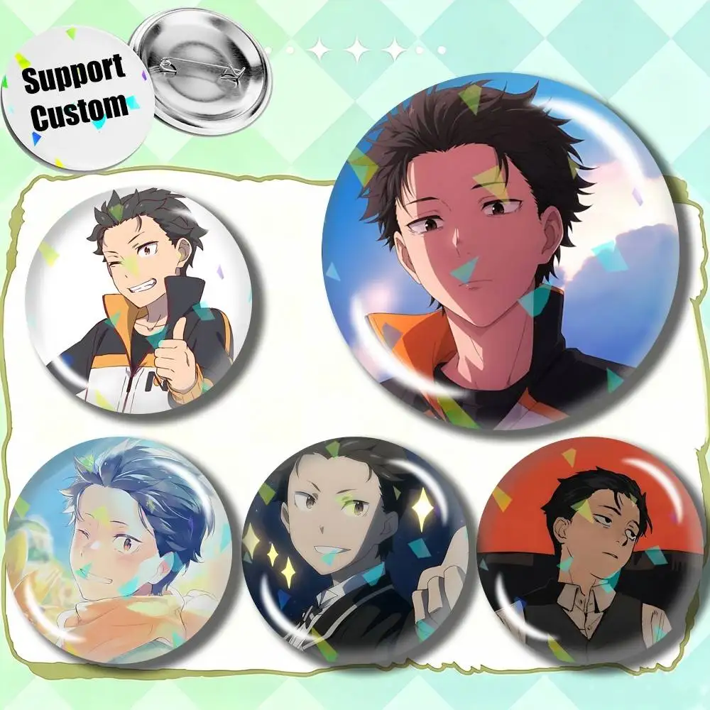 Re-Zero S4 Anime Natsuki Subaru Customizable Round Brooch Pins, Personalized Badges With Broken Glass Design Fashion Accessory