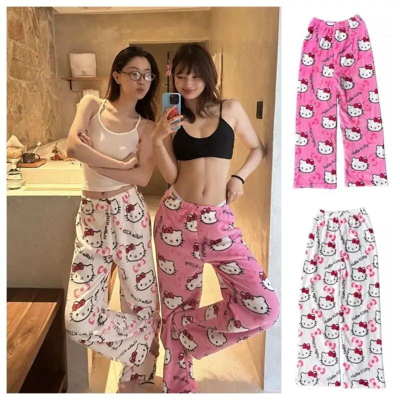 

Sleep Pants Hello Kitty Cartoon Lady Home Sanrio Flannel New Warm Loose Casual Pants Walking Pants Simple Comfortable Leisure