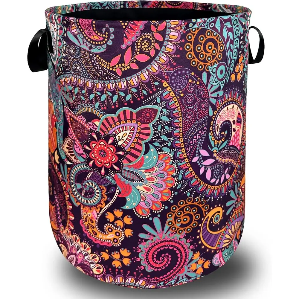 

Vintage-Style Foldable Laundry Hamper with Handles, Colorful Paisley Pattern, 18.9x16.5 for Home Storage