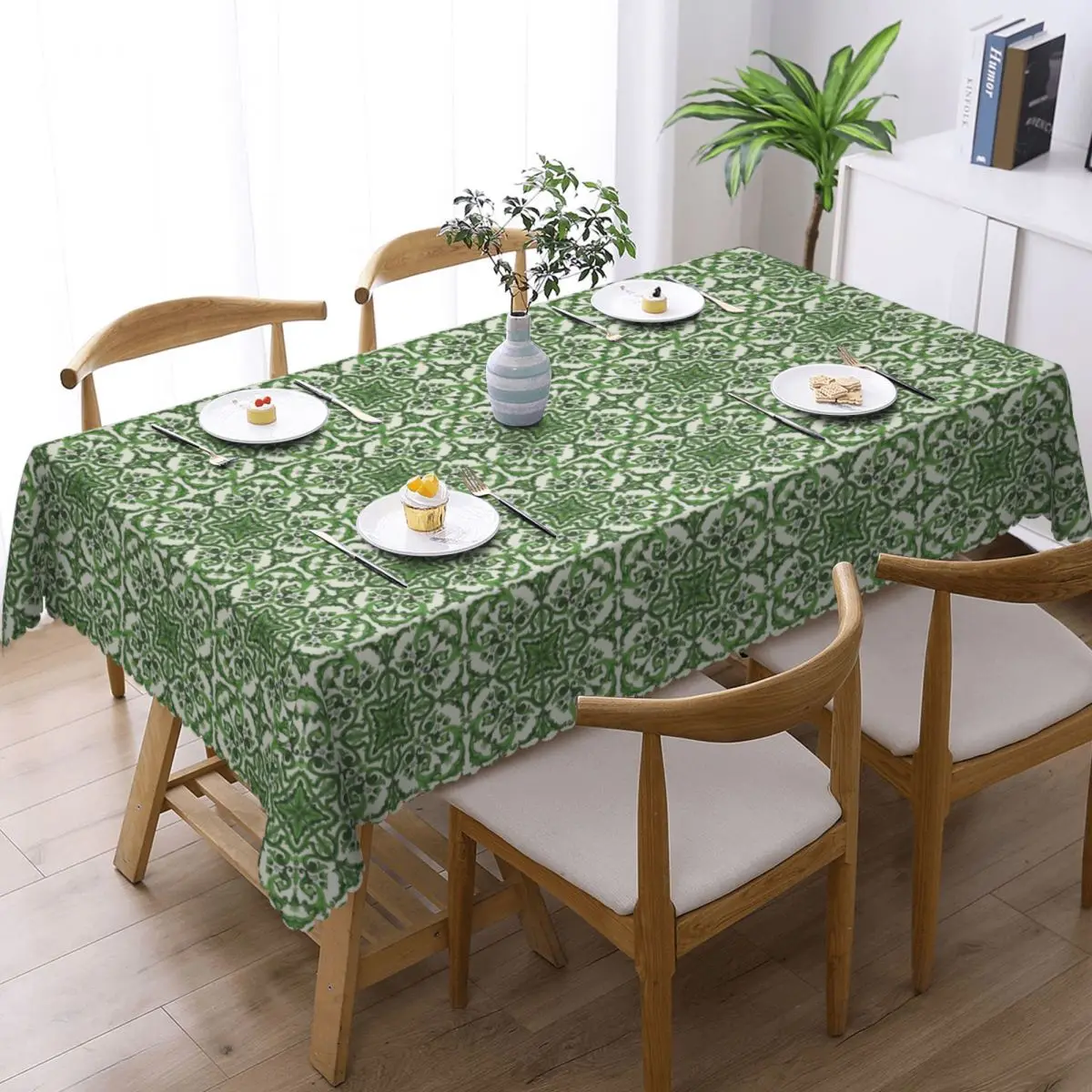 Green Ornate Floral Mediterranean Sicilian Tile Tablecloth Restaurant Kitchen Rectangular Tablecloth Festival Dining Table Cover